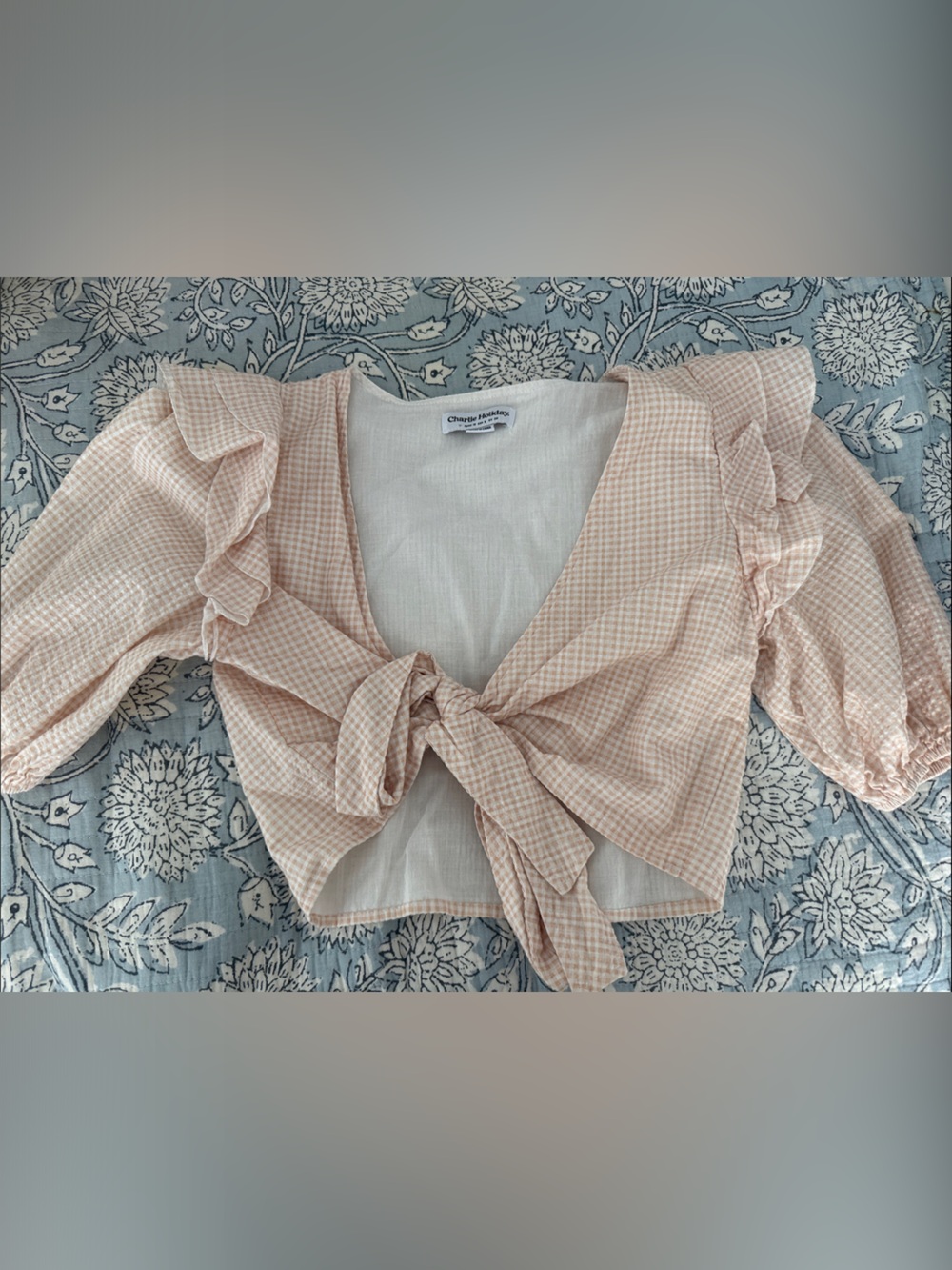 Anthropology Charlie Holiday Peach Gingham Tie-Front Crop Blouse
